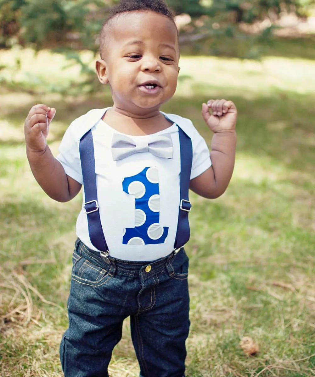 Baby Boy Clothes Light Grey Vest Suspender Navy Bow Tie Set First Birthday