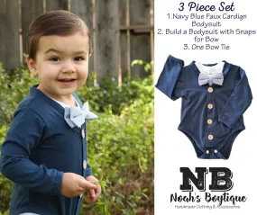 Baby Boy Easter Shirt Navy Cardigan with Blue and White Bow Tie