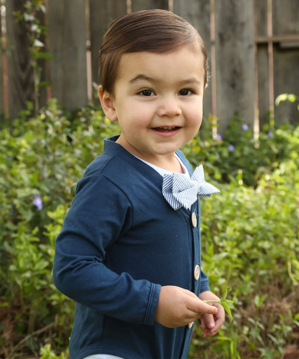 Baby Boy Easter Shirt Navy Cardigan with Blue and White Bow Tie