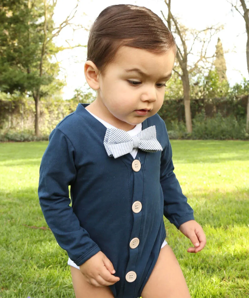 Baby Boy Easter Shirt Navy Cardigan with Blue and White Bow Tie