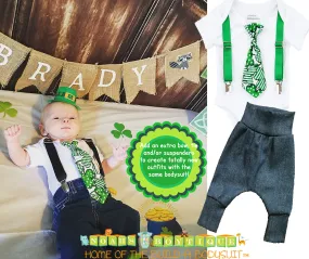 Baby Boy St. Patrick's Day Outfit with Shamrock Tie and Suspenders