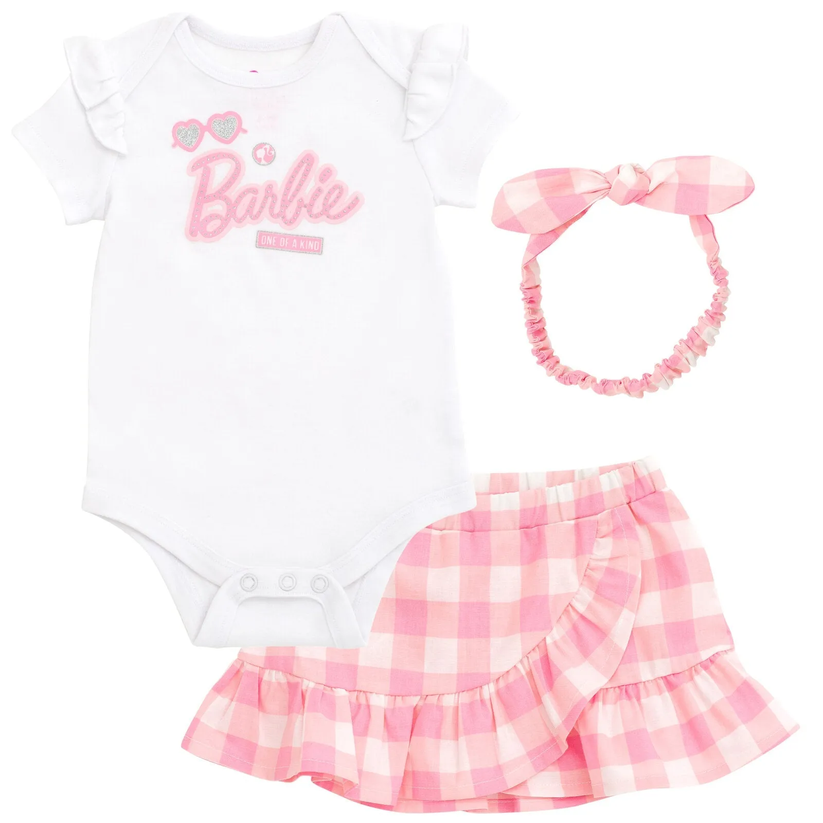 Barbie Baby Girls Bodysuit Ruffle Skirt and Bow Headband 3 Piece Outfit Set Newborn to Toddler