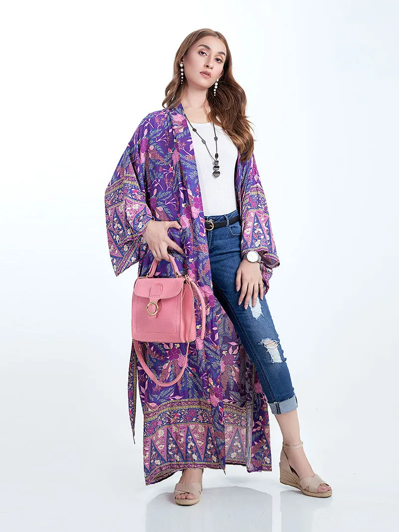 Beachwear & Partywear Floral Print Purple Color Cotton Long Length Gown Kimono Duster Robe