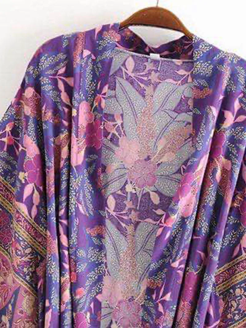 Beachwear & Partywear Floral Print Purple Color Cotton Long Length Gown Kimono Duster Robe