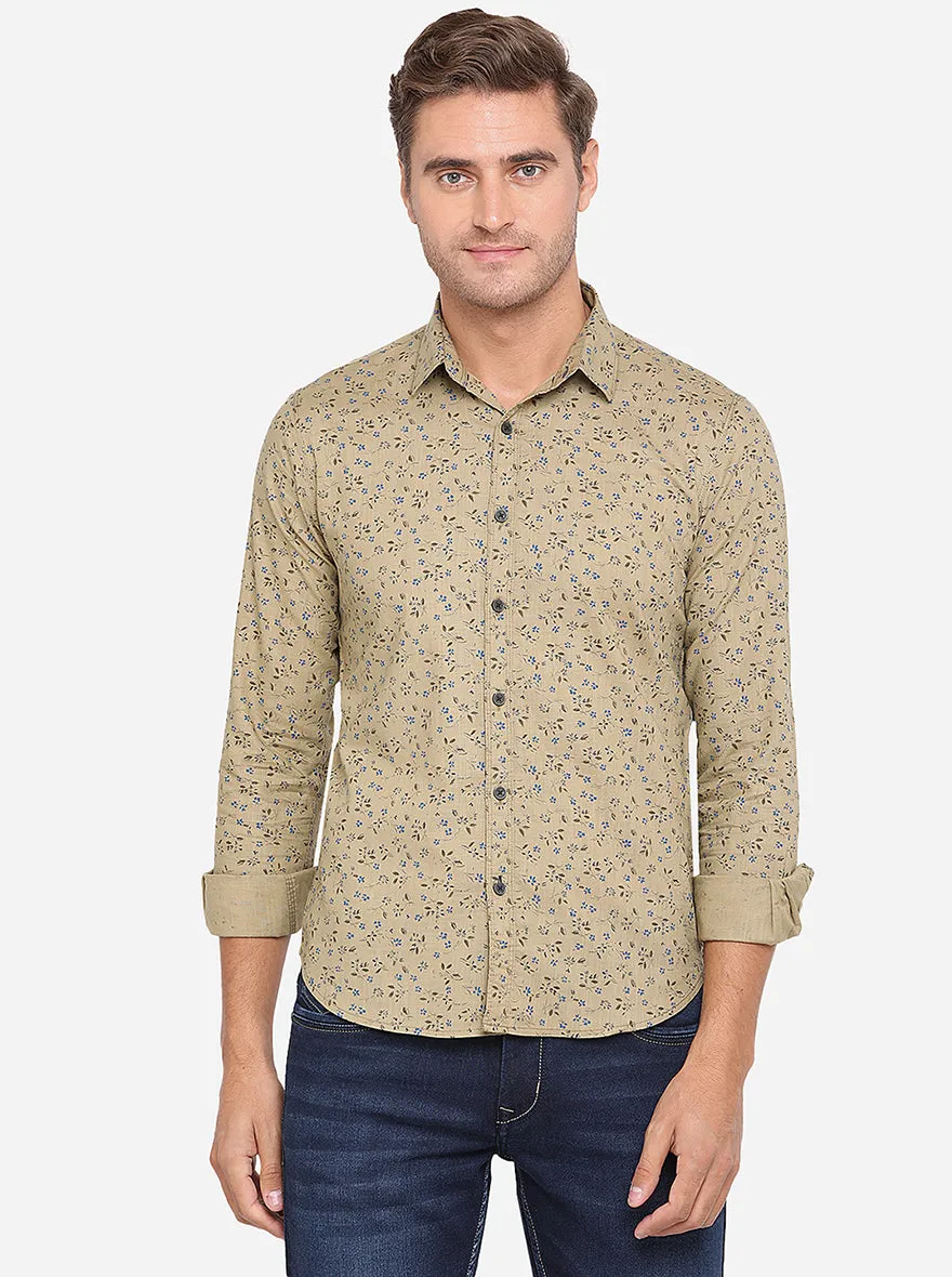 Beige Printed Slim Fit Casual Shirt | Greenfibre