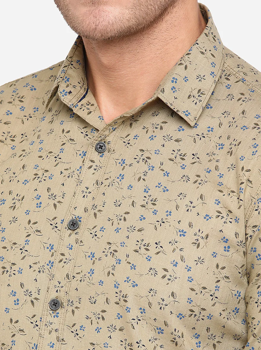 Beige Printed Slim Fit Casual Shirt | Greenfibre