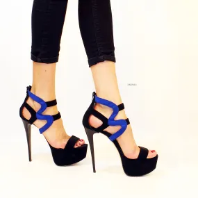 Black Blue Suede Cage Platform Heels