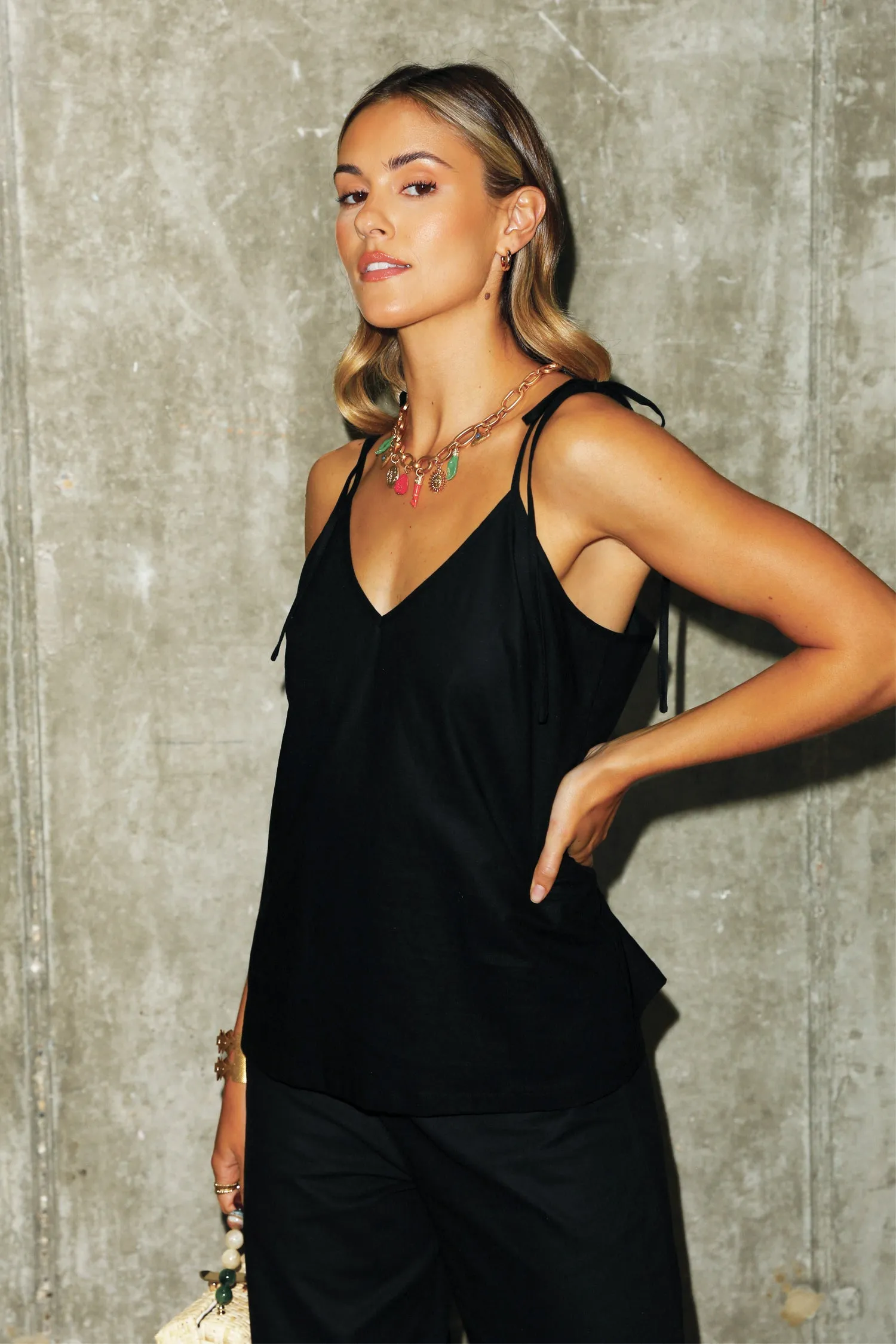 Black Cotton Linen Cami Top