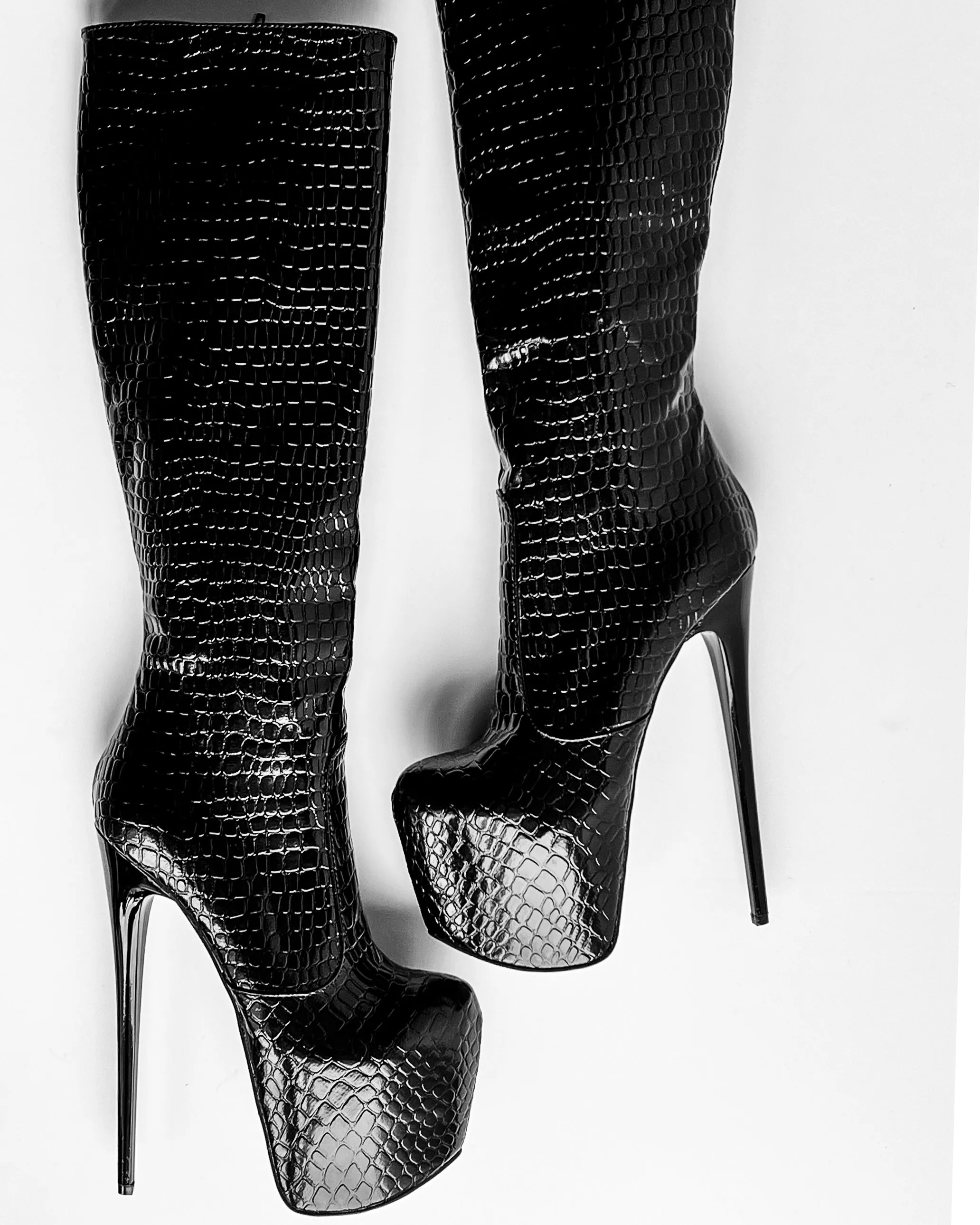 Black Croco Mid Calf High Heel Boots  Tajna Club