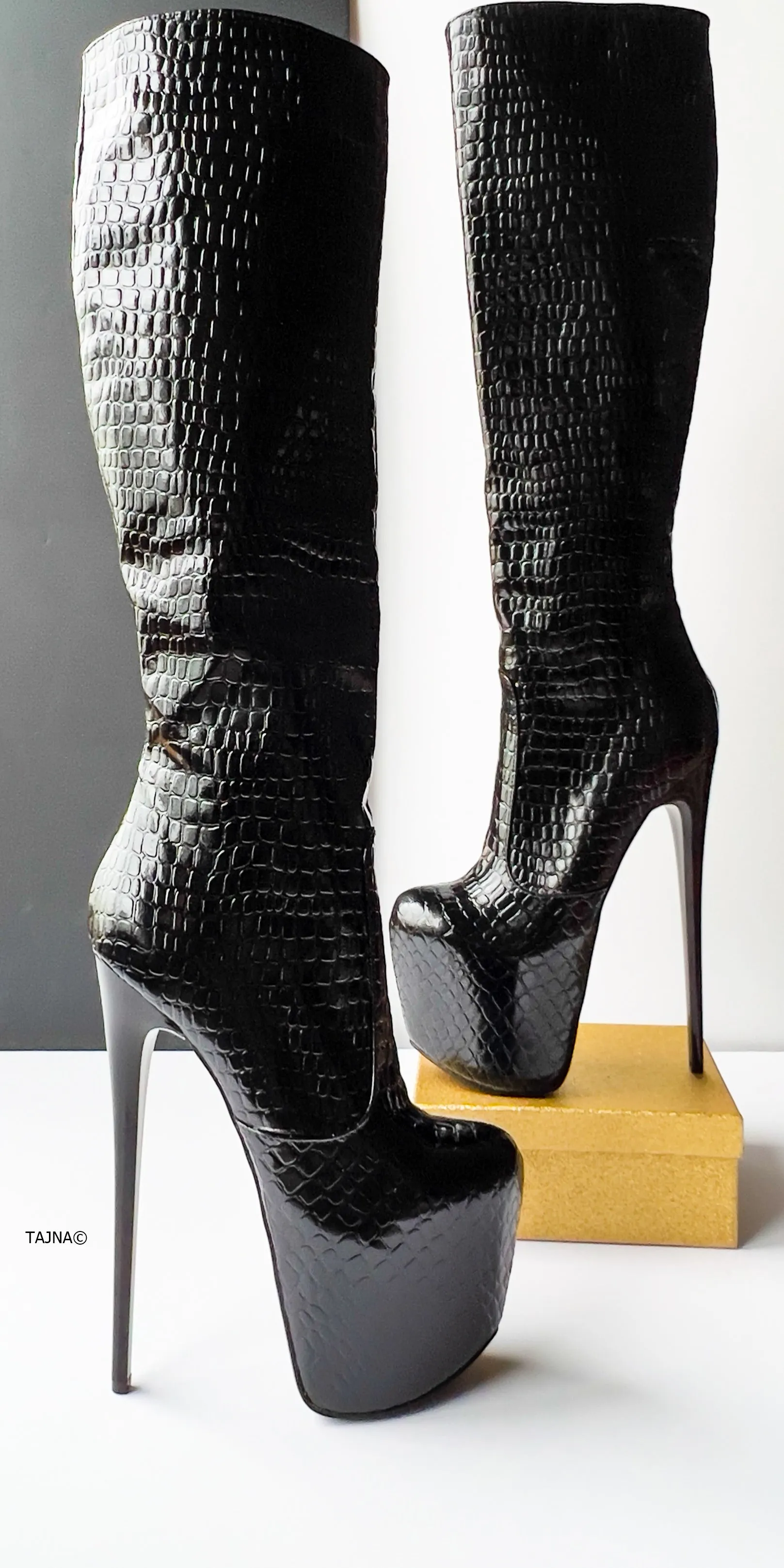 Black Croco Mid Calf High Heel Boots  Tajna Club