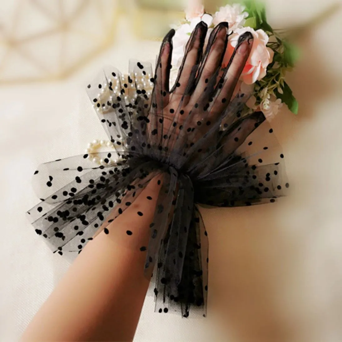 Black Dotted Bridal Gloves