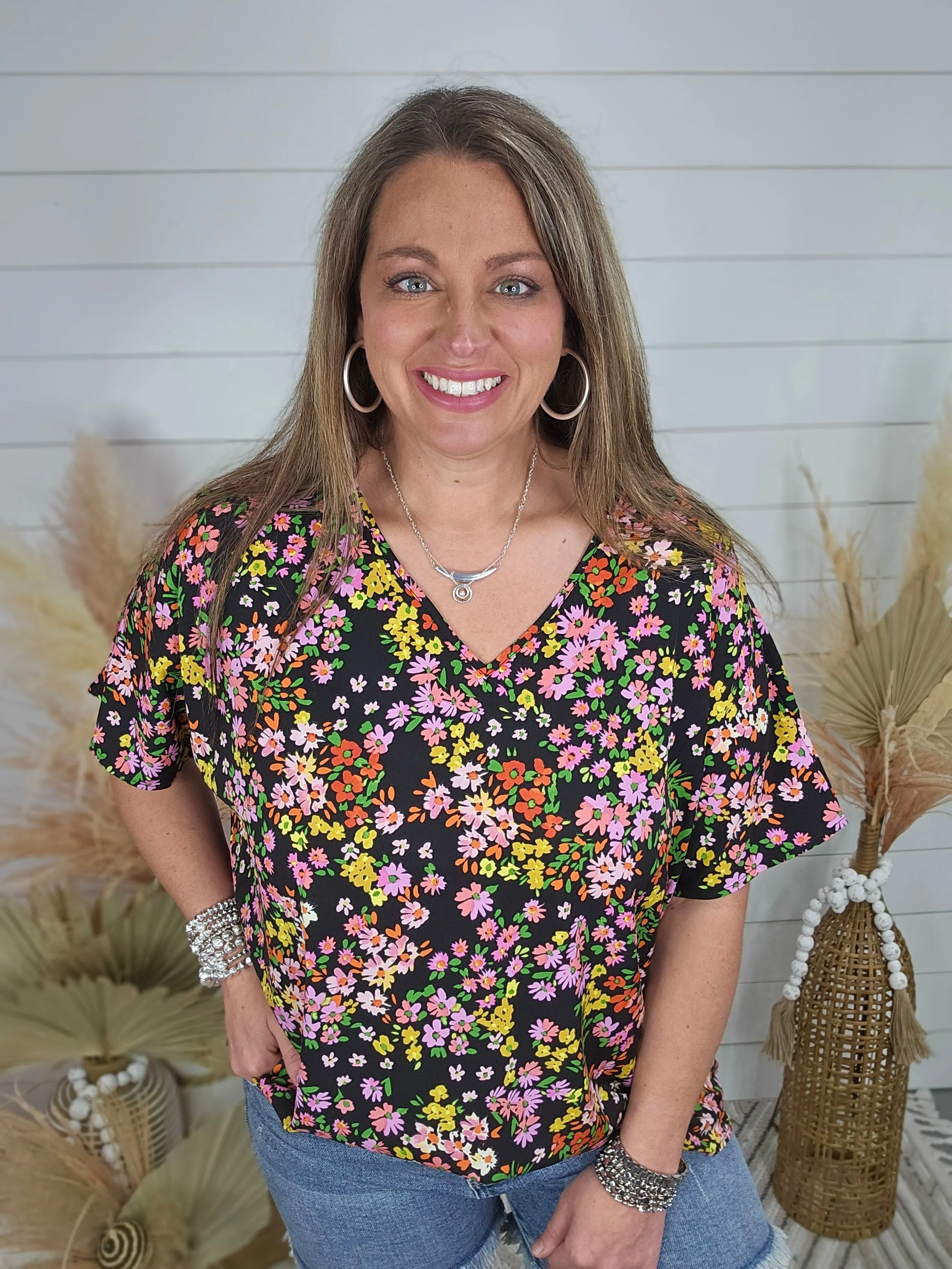 BLACK FLORAL OVERSIZED V NECK WOVEN TOP