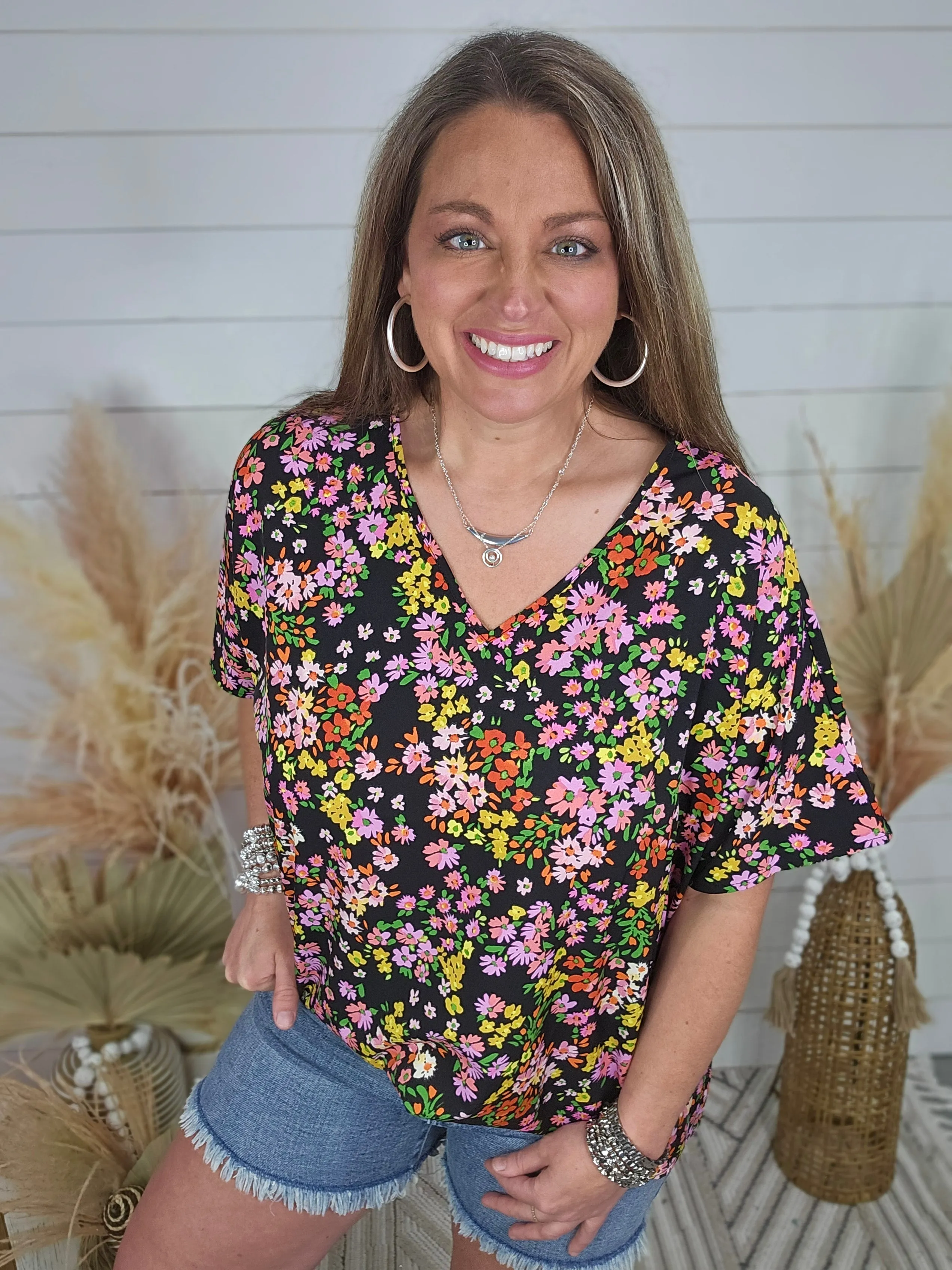 BLACK FLORAL OVERSIZED V NECK WOVEN TOP