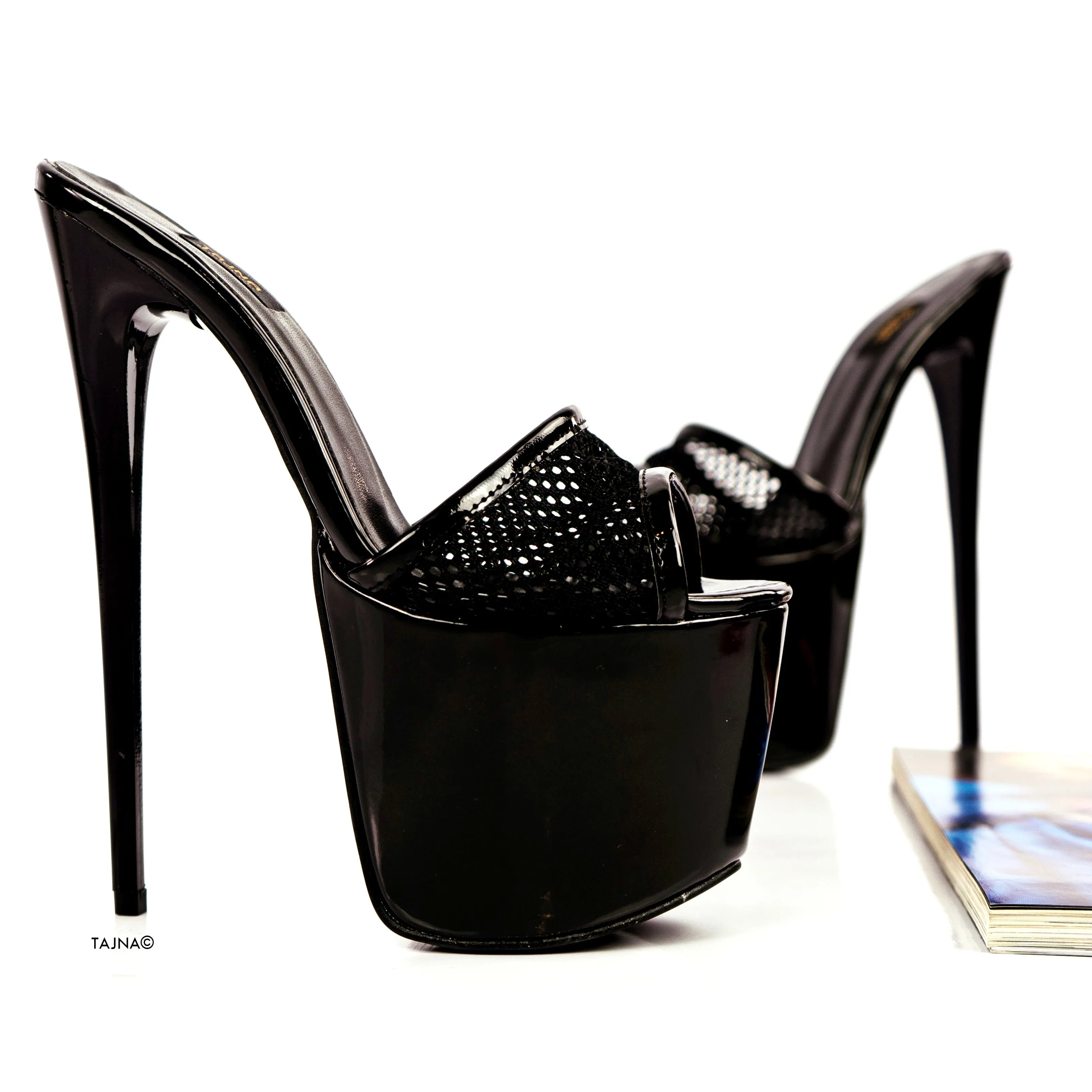 Black Gloss Fishnet High Heel Mules