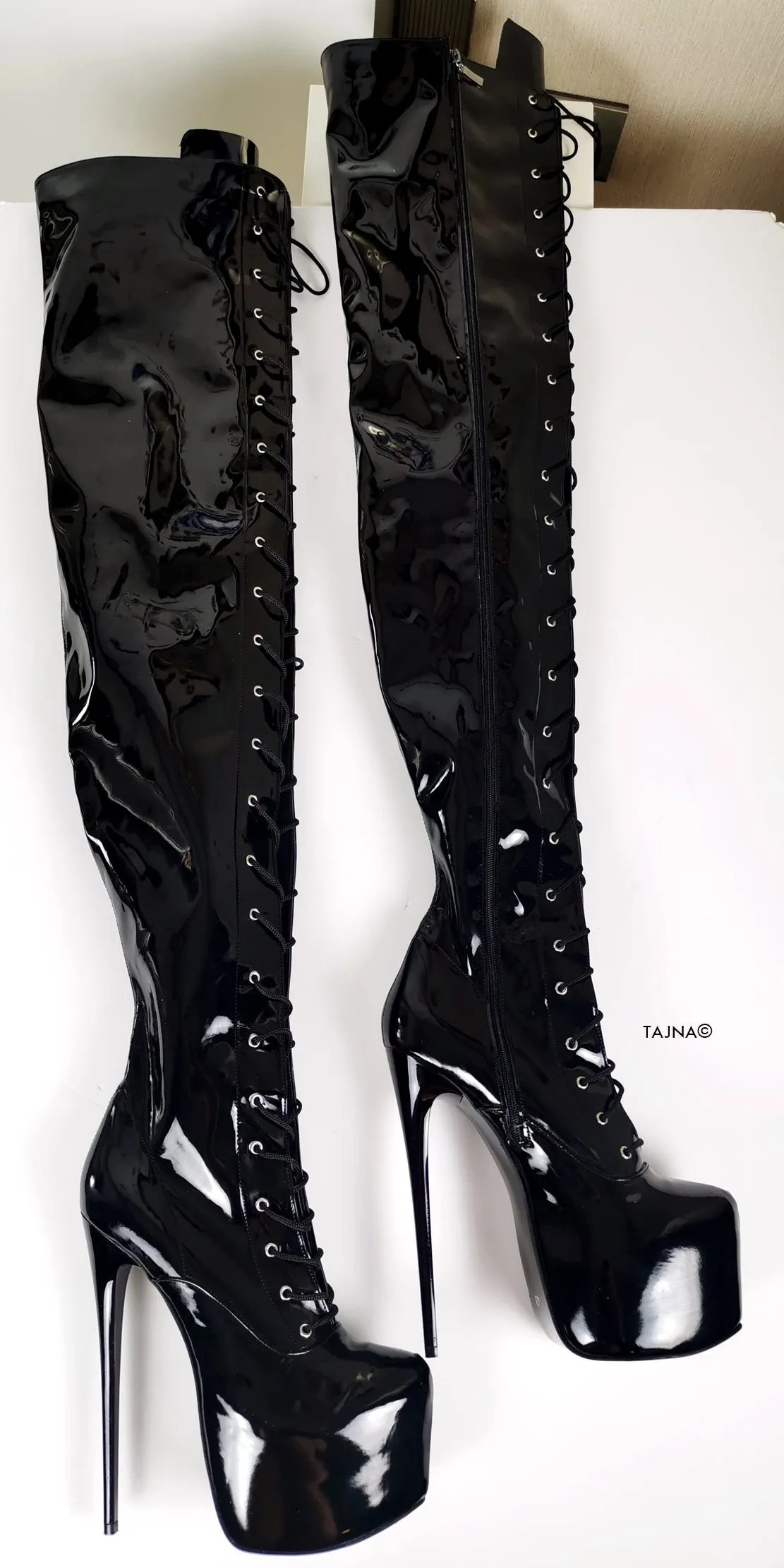 Black Glossy Lace Up Thigh High Boots