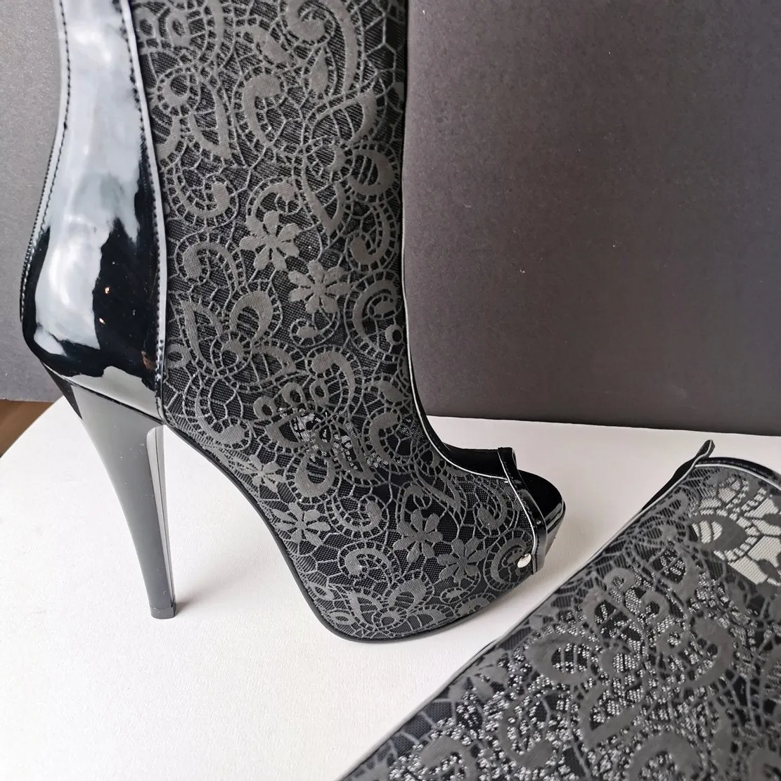 Black Lace Peep Toe Ankle Boots