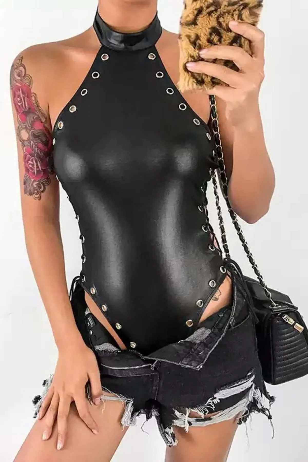 Black Leather Lace Up Mock Neck Bodysuit