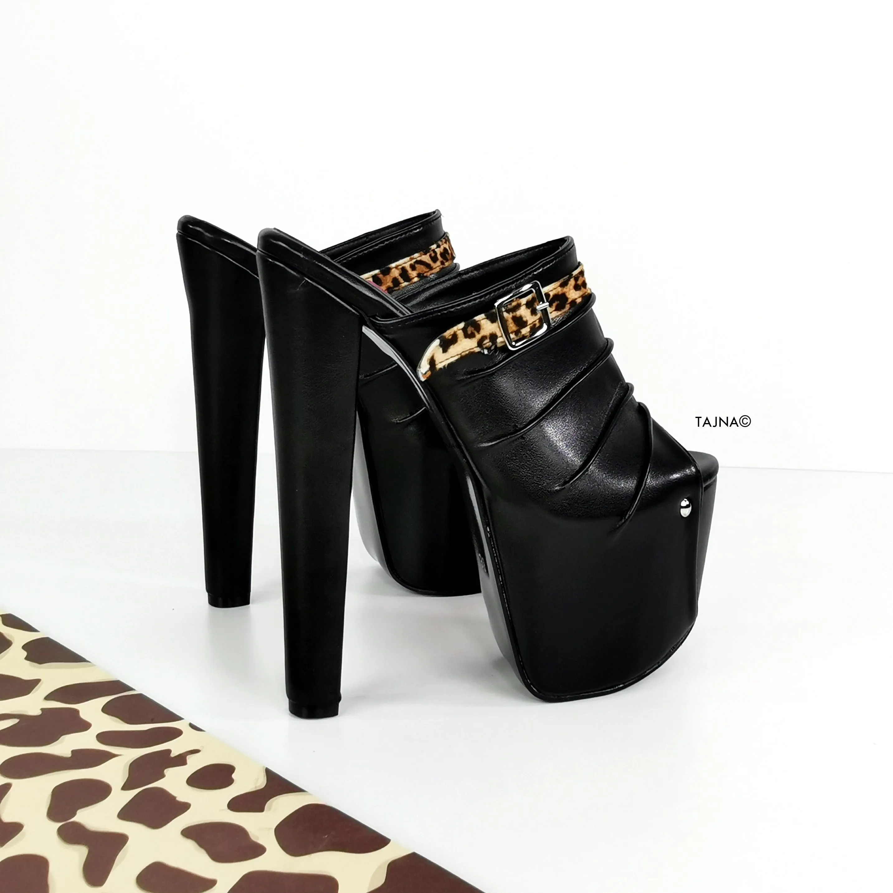 Black Leopard Detail Chunky Heel Mules