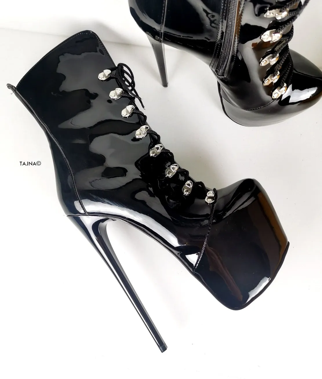 Black Patent Military Style Lace Up Boots