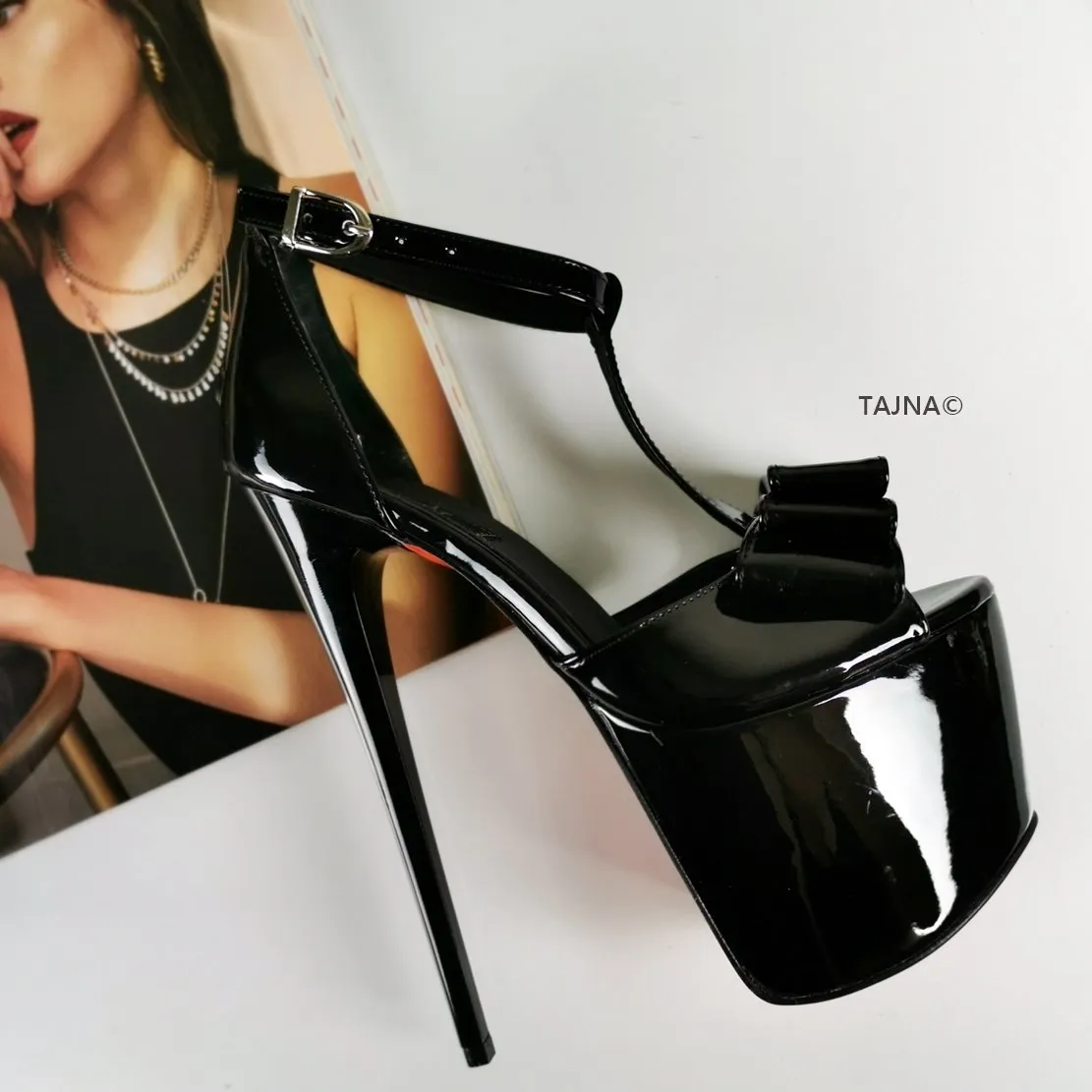 Black Patent Ribbon High Heel Platforms