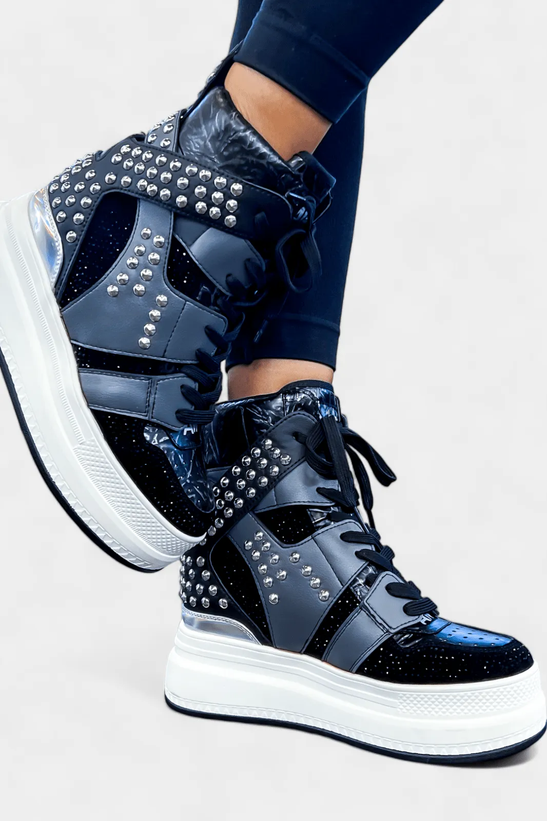 Black Rhinestone Studded Platform Sneakers