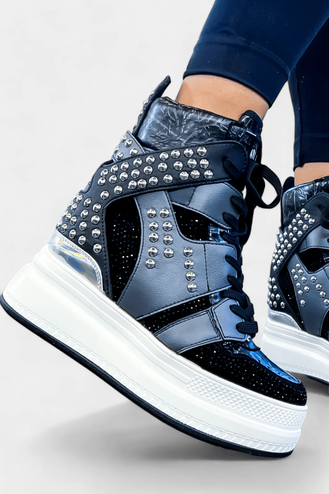 Black Rhinestone Studded Platform Sneakers