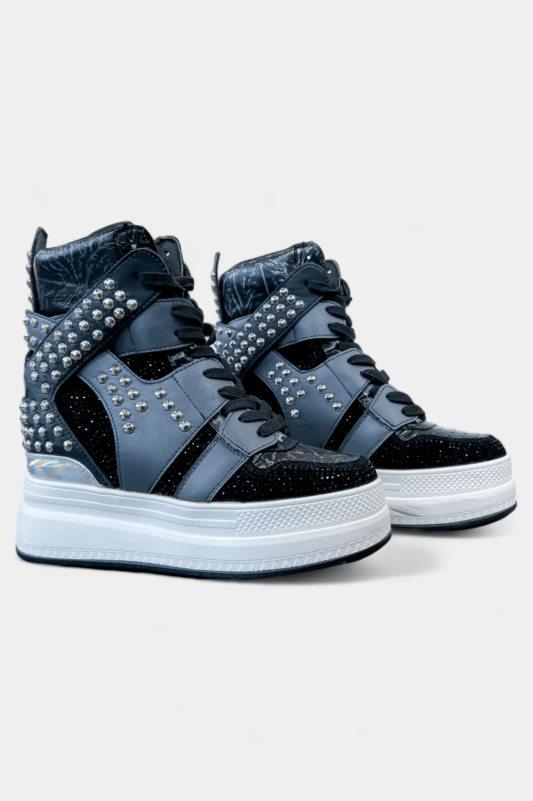 Black Rhinestone Studded Platform Sneakers