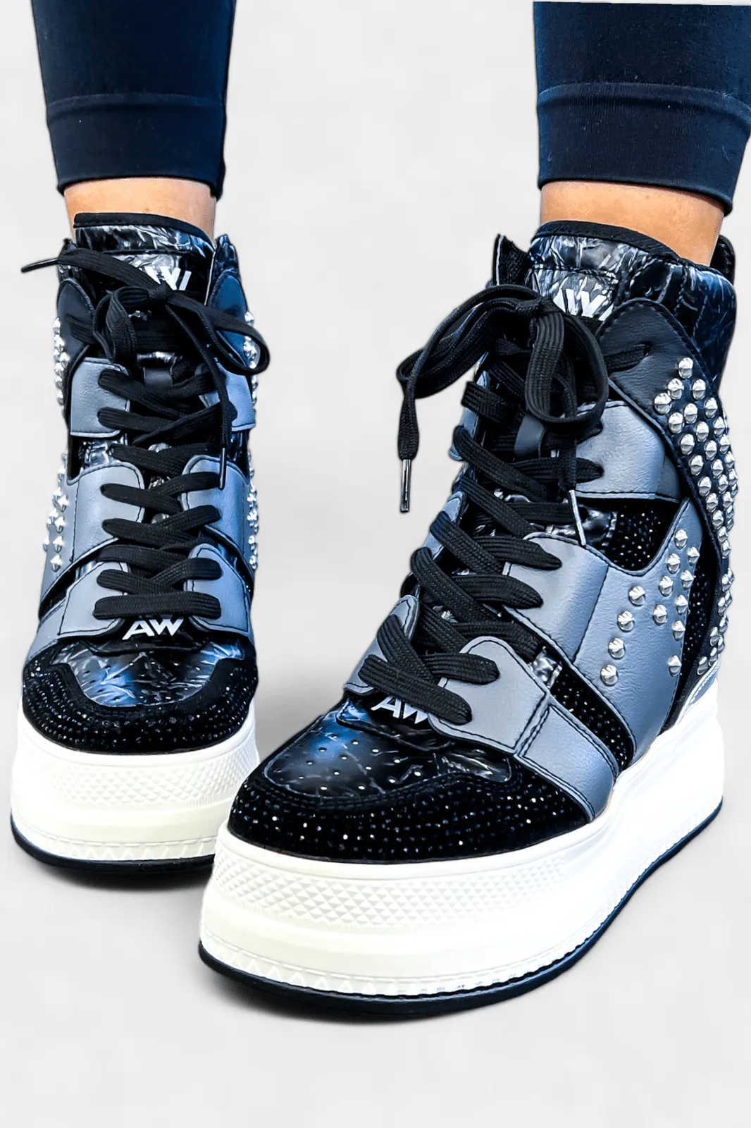 Black Rhinestone Studded Platform Sneakers