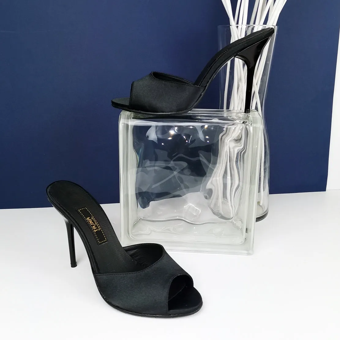 Black Satin Heeled Mules