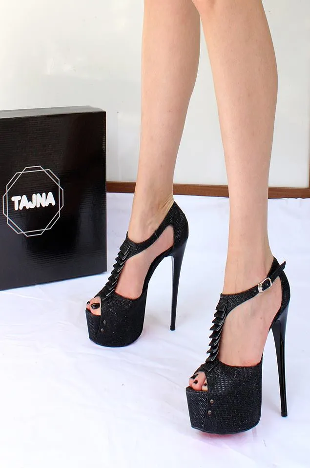 Black Shimmer Ankle Strap Peep Toe High Heel Platform Shoes