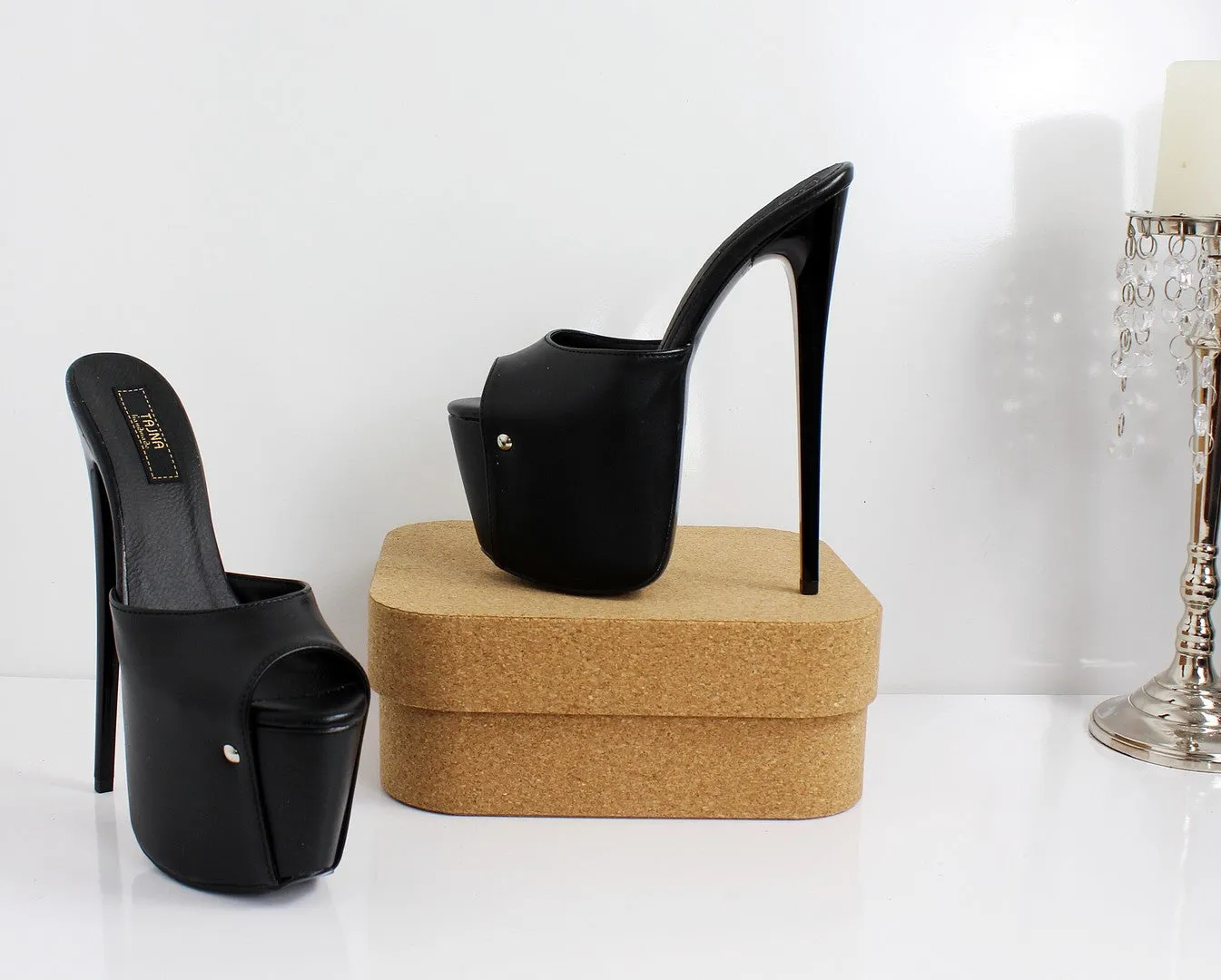 Black Super High Heel Platform Mules