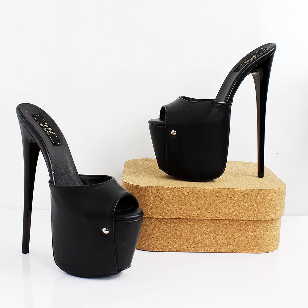 Black Super High Heel Platform Mules