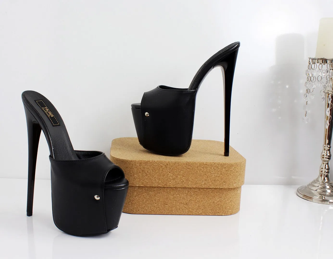 Black Super High Heel Platform Mules