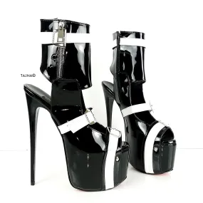 Black White Patent Belted Ankle Heels