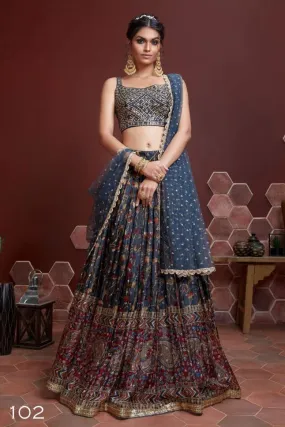 Blue Crepe Silk Floral Printed Lehenga - Rent