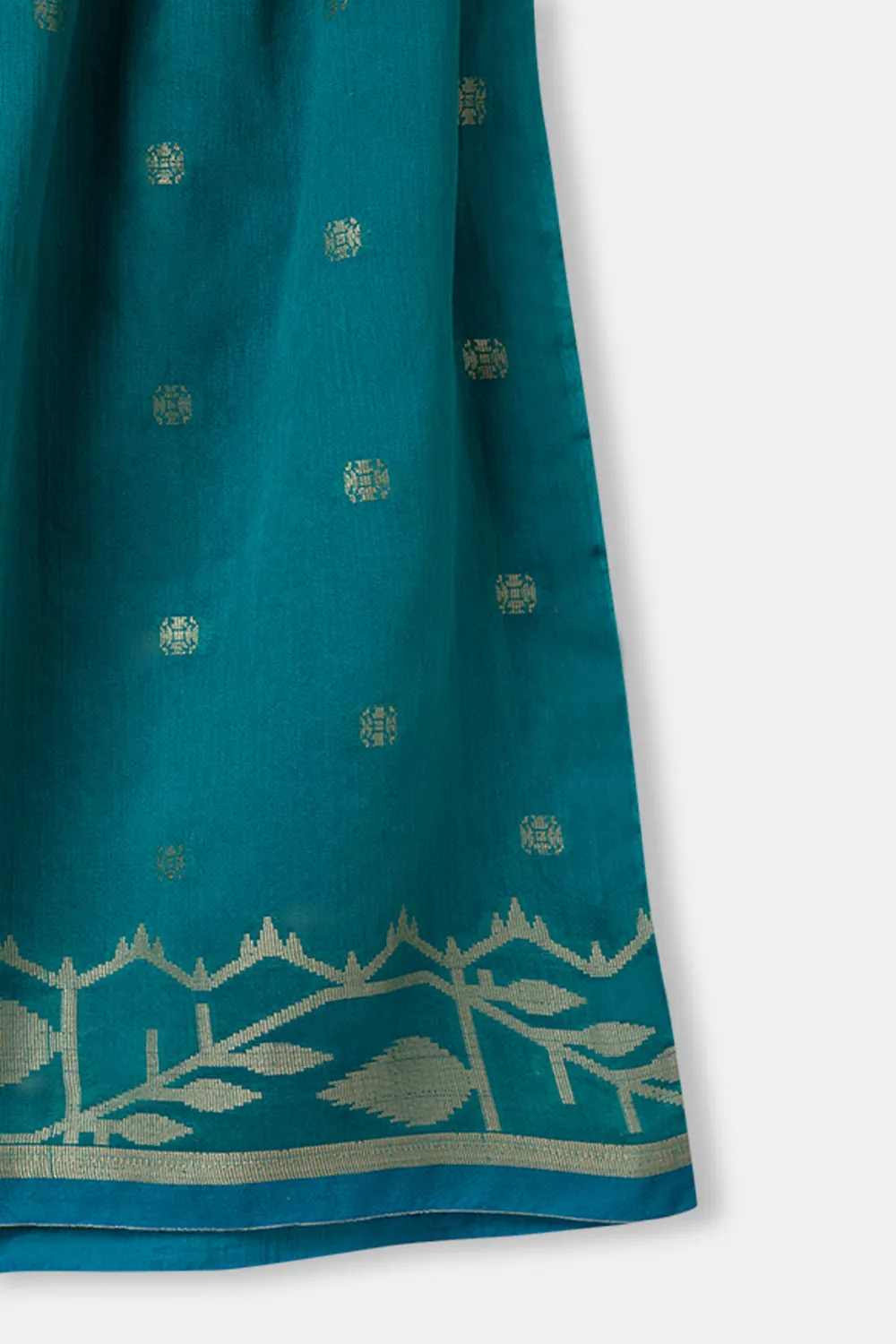 Chittythalli Girls Ethnic Pavadai Set Round Neck with Hand Embroidery Sleeveless Top with Box Pleat Skirt - Teal Green - PS71