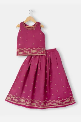 Chittythalli Girls Ethnic Pavadai Set Round Neck With Hand Embroidery Sleevless Top With Box Pleat Skirt  - Pink - PS71