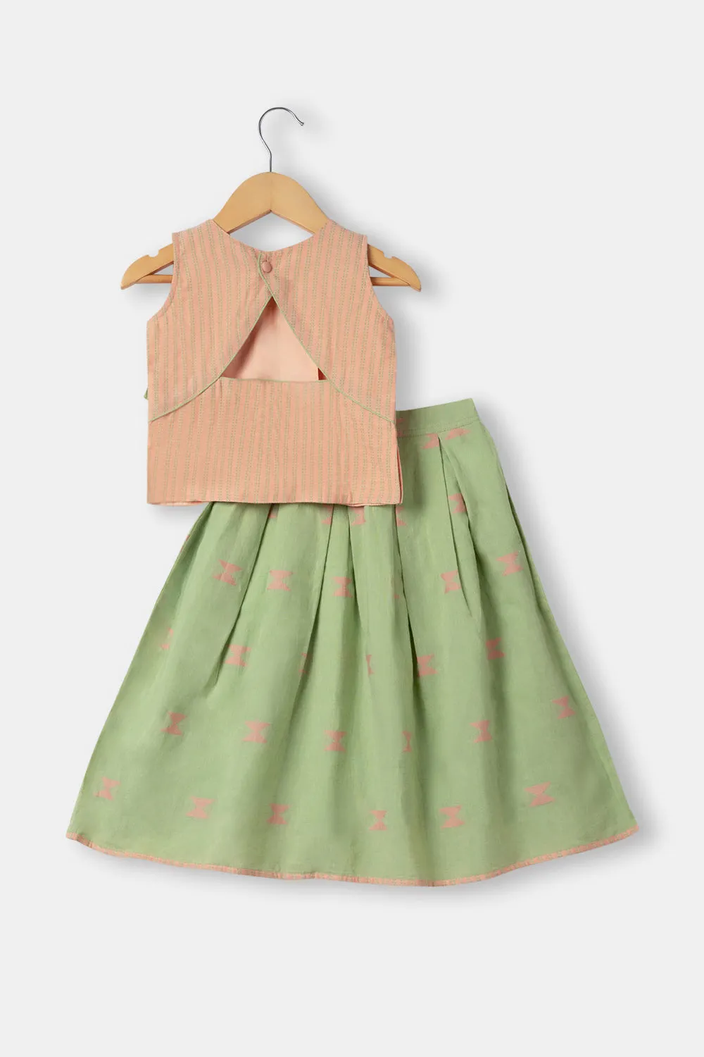 Chittythalli Girls Ethnic Pavadai Set With Sleeveless Top And Box Pleat Skirt - Green - PS72