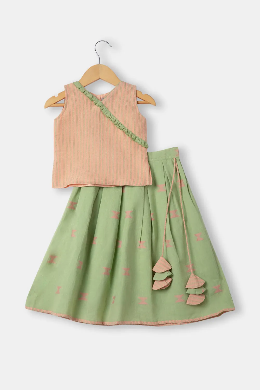 Chittythalli Girls Ethnic Pavadai Set With Sleeveless Top And Box Pleat Skirt - Green - PS72