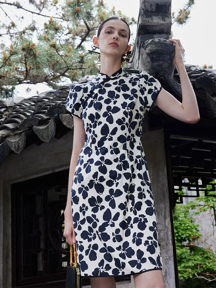 Cotton Floral Cheongsam Qipao Mini Dress