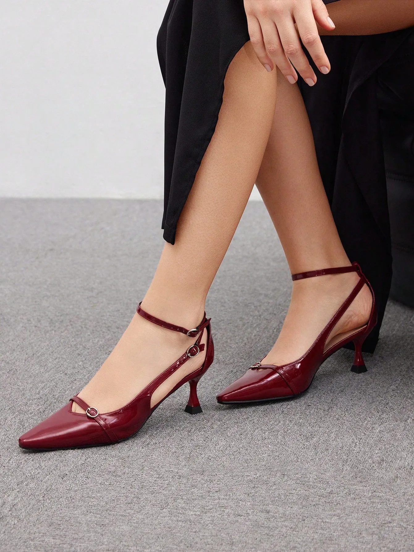 CUCCOO BIZCHIC Women High Heel Wine Red Pointed Toe Hollow Out Ankle Strap Stiletto Sexy Pumps