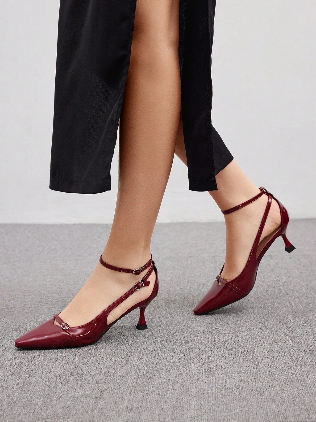 CUCCOO BIZCHIC Women High Heel Wine Red Pointed Toe Hollow Out Ankle Strap Stiletto Sexy Pumps