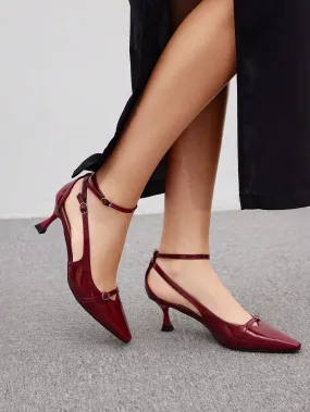 CUCCOO BIZCHIC Women High Heel Wine Red Pointed Toe Hollow Out Ankle Strap Stiletto Sexy Pumps