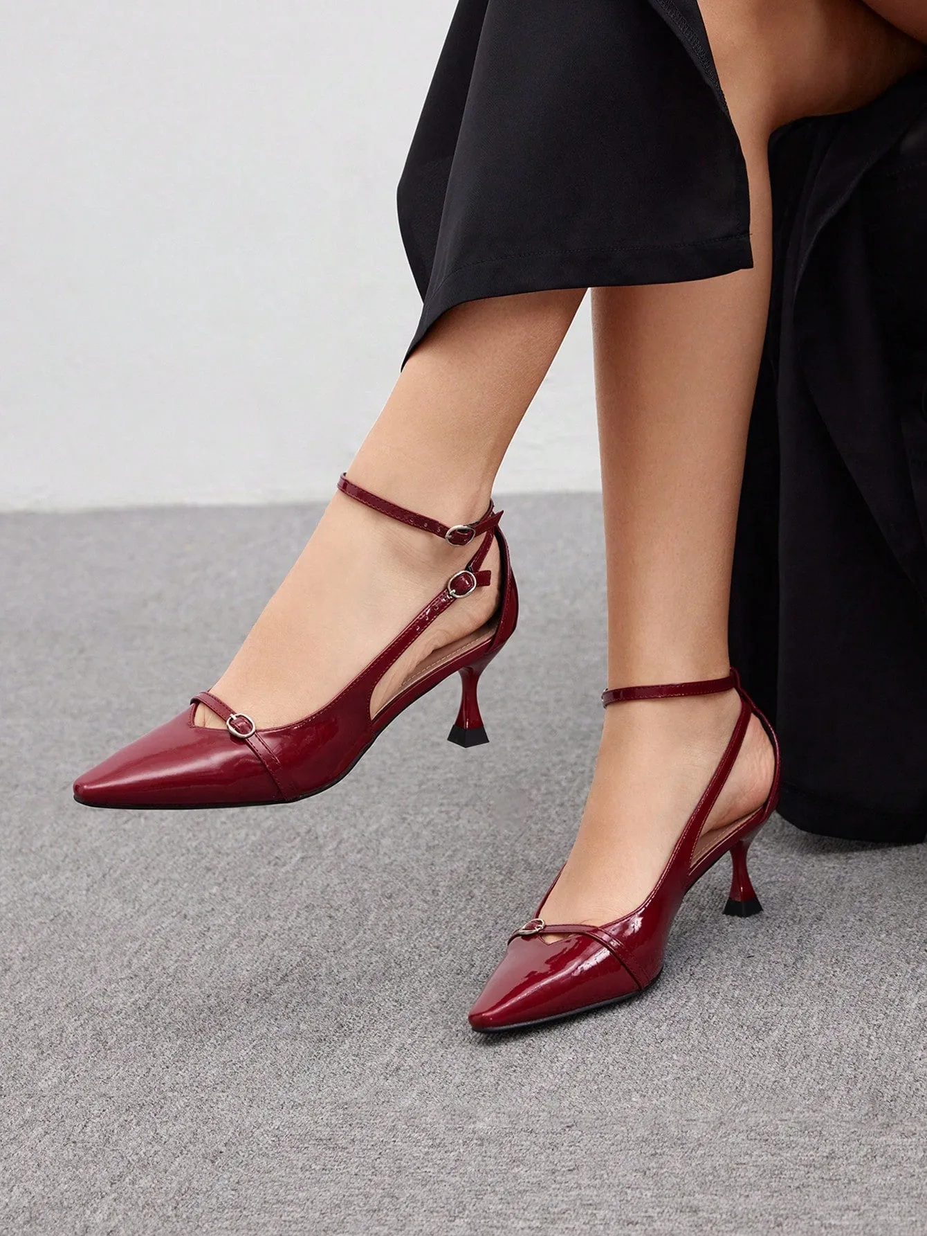 CUCCOO BIZCHIC Women High Heel Wine Red Pointed Toe Hollow Out Ankle Strap Stiletto Sexy Pumps