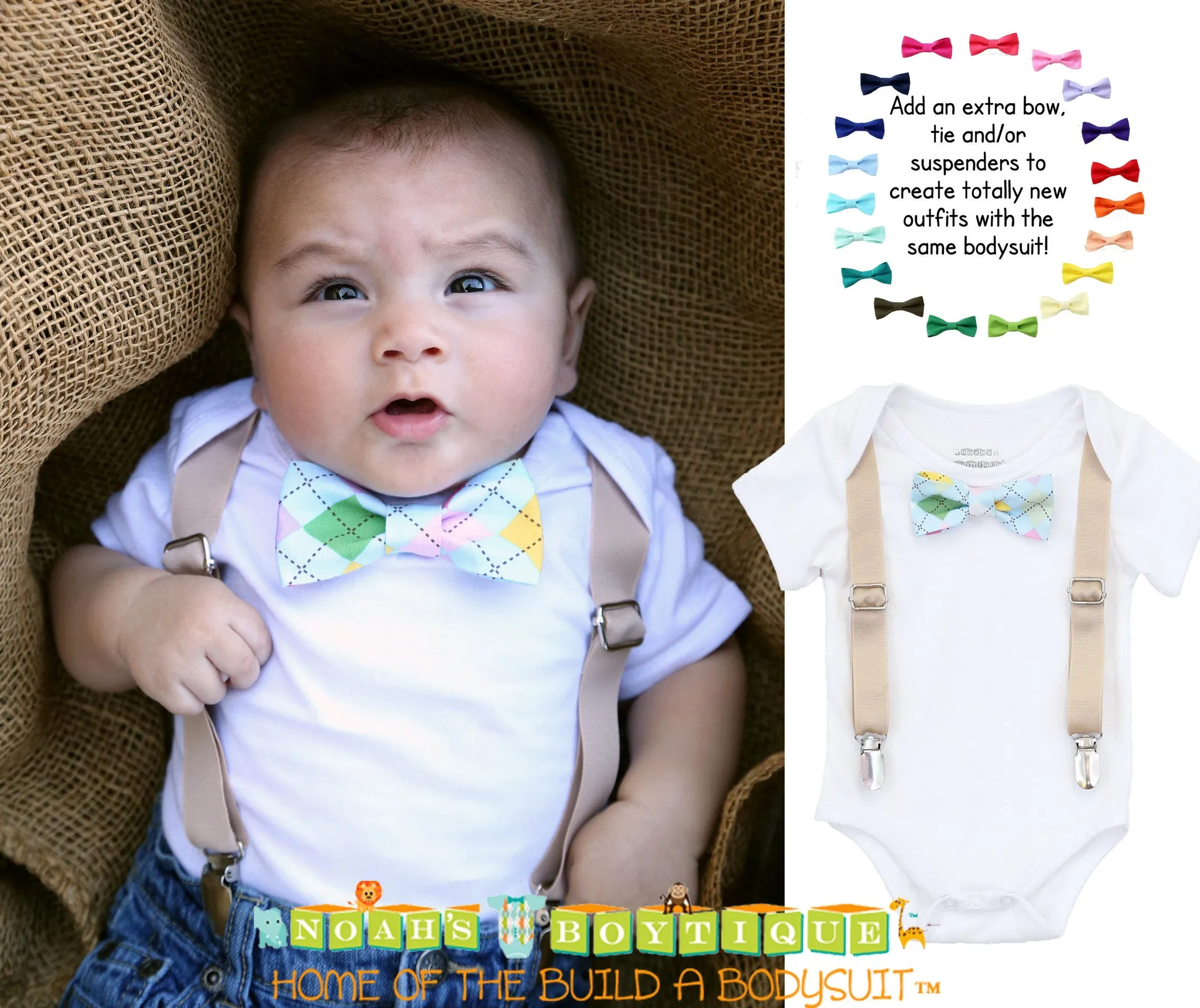 Easter Outfit Baby Boy with Tan Suspenders and Argyle Bow Tie