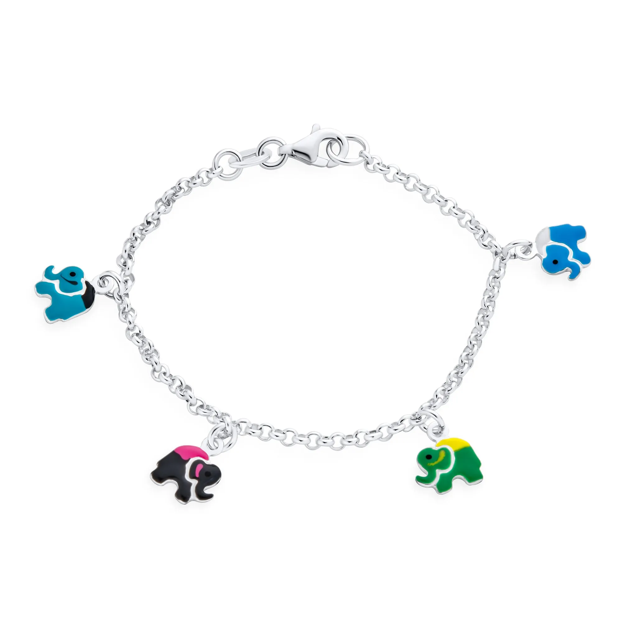 Enamel Dangling Good Luck Elephant Charm Bracelet .925 Sterling Silver