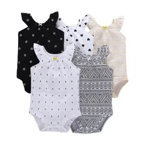 Fancy Black Beige Bodysuits For Babies - 5 Piece Set