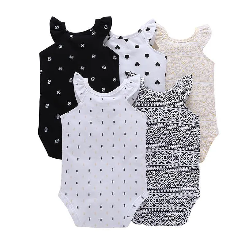 Fancy Black Beige Bodysuits For Babies - 5 Piece Set