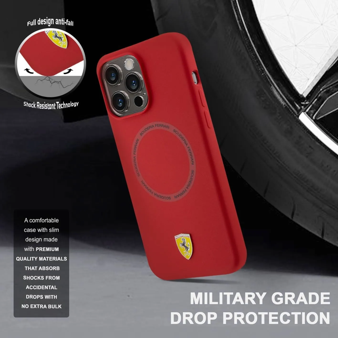 Ferrari Liquid Silicone Case Printed Ring with MagSafe for iphone 15 Pro Max 6.7" Red - FEHMP15XSBAR