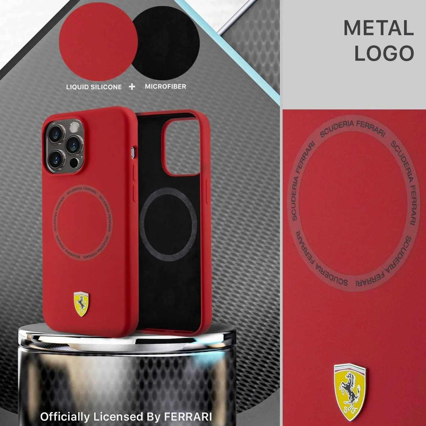 Ferrari Liquid Silicone Case Printed Ring with MagSafe for iphone 15 Pro Max 6.7" Red - FEHMP15XSBAR